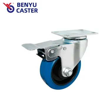 100mm Swivel Brake Plate Blue Rubber Wheels Casters